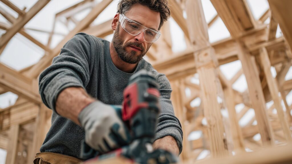電動工具で家具を組み立てている様子