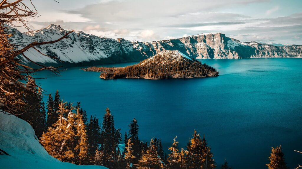 Crater lake with snow