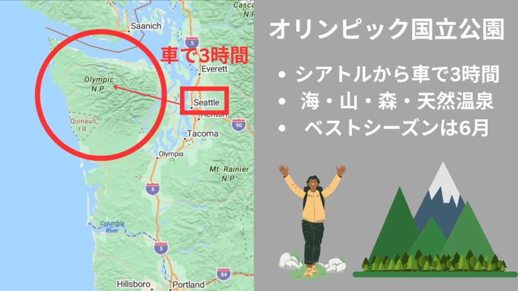 オリンピック国立公園の場所やアクセス、ベストシーズンを図解。