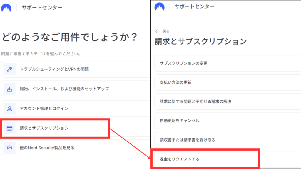 カスタマーサポートの返金リクエスト方法。